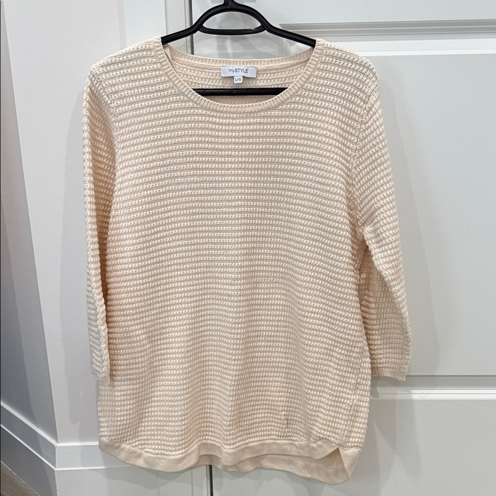 mystyle Cream Waffle-Knit Crewneck Sweater